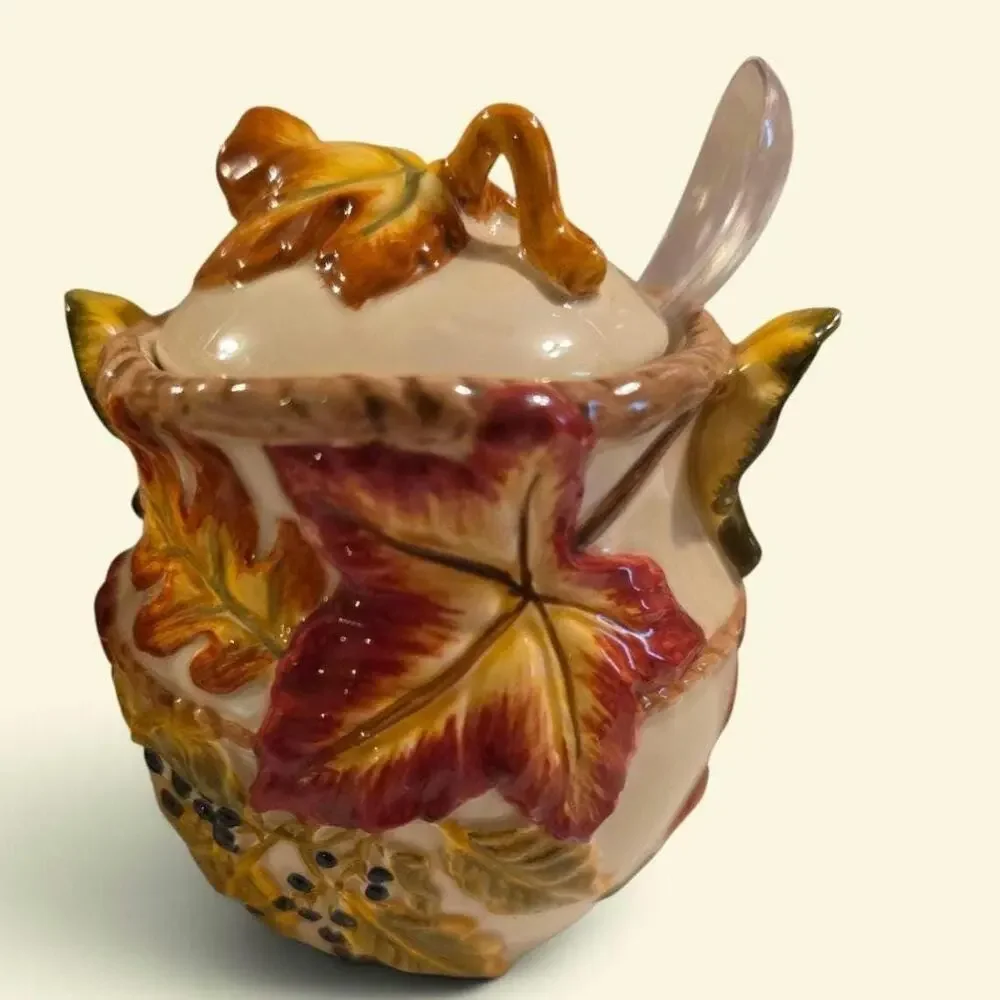 Bico China Creamer Sugar w Lid and Spoon Fall Leaf Motif